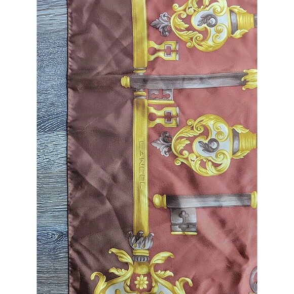 Lancel Rolled Hem Silk Scarf Decorative Scroll Keys Brown Square 34" x 34.5" - Picture 4 of 7